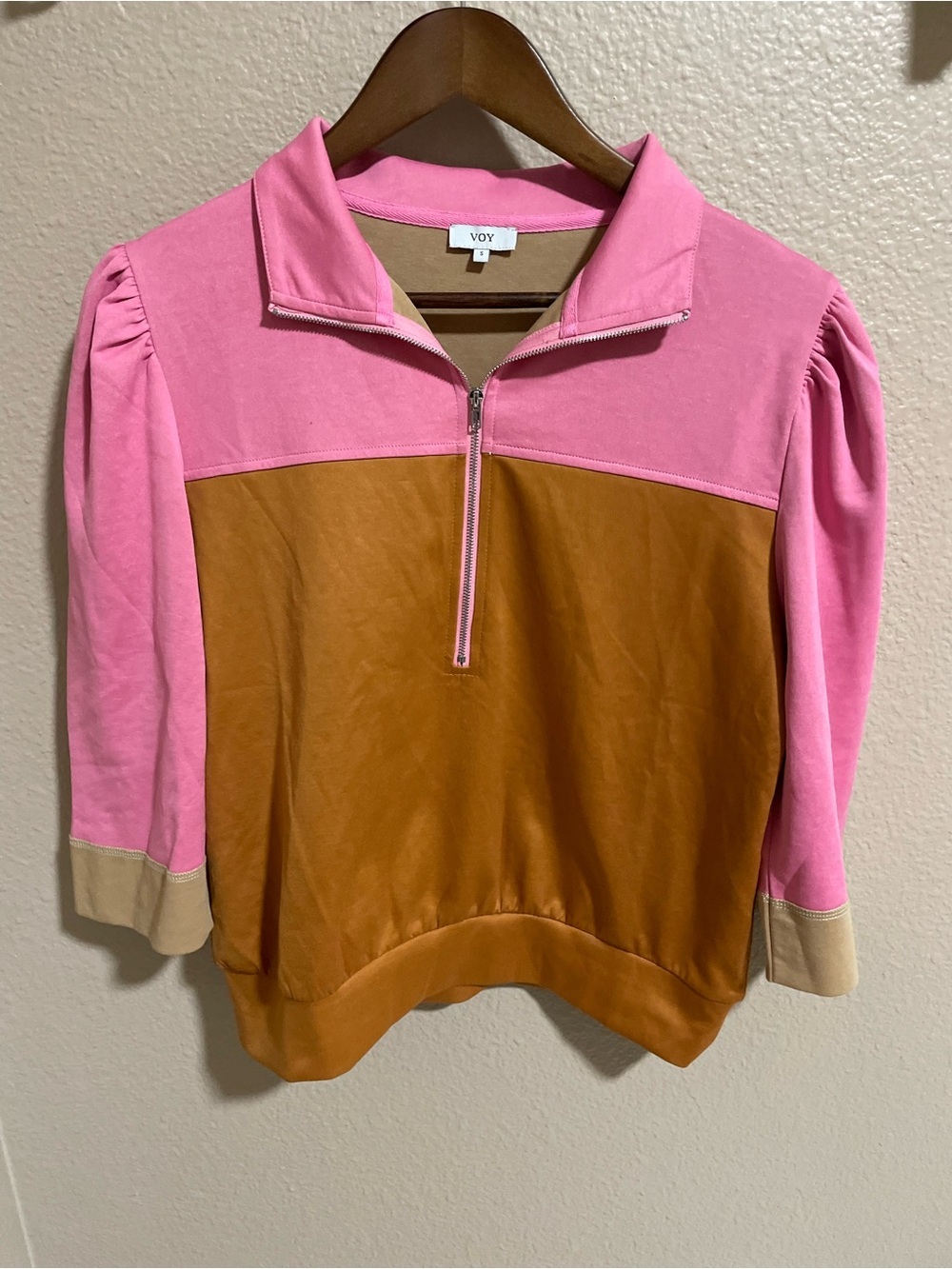 Voy Pink and Brown Half-Zip Colorblock Women's Top